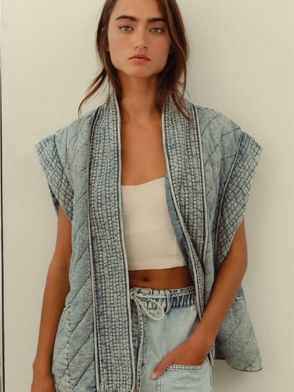 Light Wash Quilted Denim Vest - Casual Layering Piece